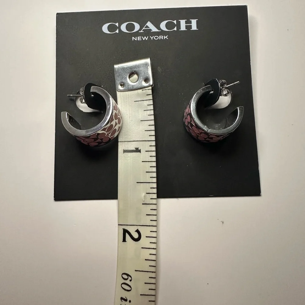 Coach NWT Silver and Pink Enamel Signature Small Huggie Hoops - Picture 9 of 10